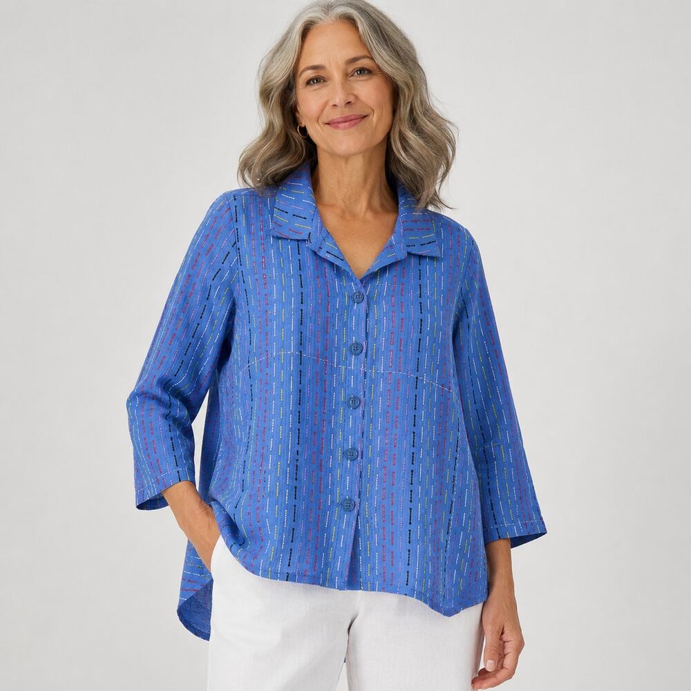 Habitat Clothes Tunic Blue Embroidered Button front 3/4 Sleeve Lagenlook